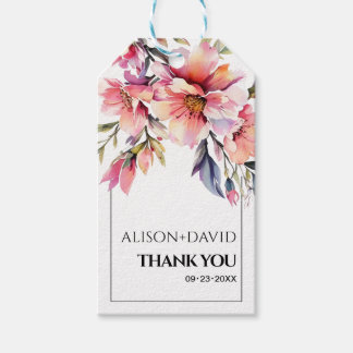 Rhododendron branch and peach-pink flowers wedding gift tags