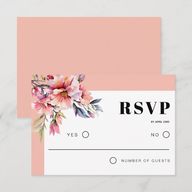Rhododendron branch and peach pink flowers wedding RSVP card (Front/Back)