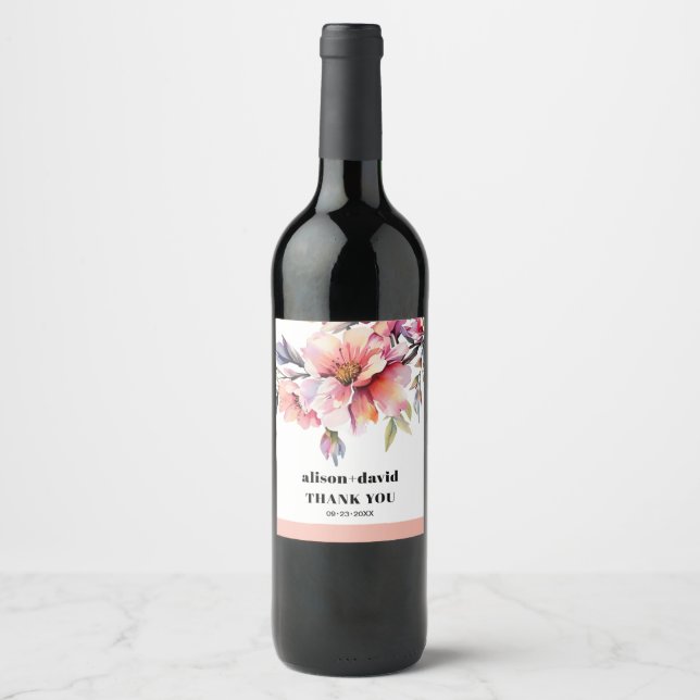 Rhododendron branch and peach-pink flowers wedding wine label (Front)