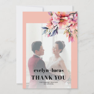 Rhododendron branch peach pink photo wedding thank you card