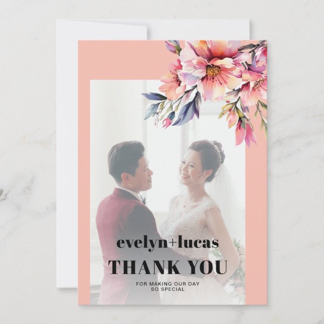 Rhododendron branch peach pink photo wedding thank you card (Front)