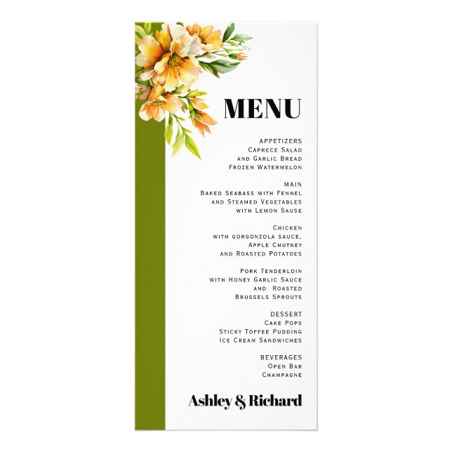 Rhododendron orange yellow fall wedding menu card (Front)