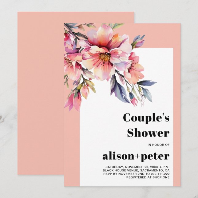 Rhododendron, peach-pink flowers couple's shower invitation (Front/Back)