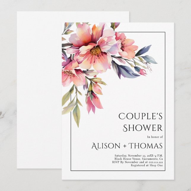 Rhododendron peach-pink flowers couple's shower invitation (Front/Back)