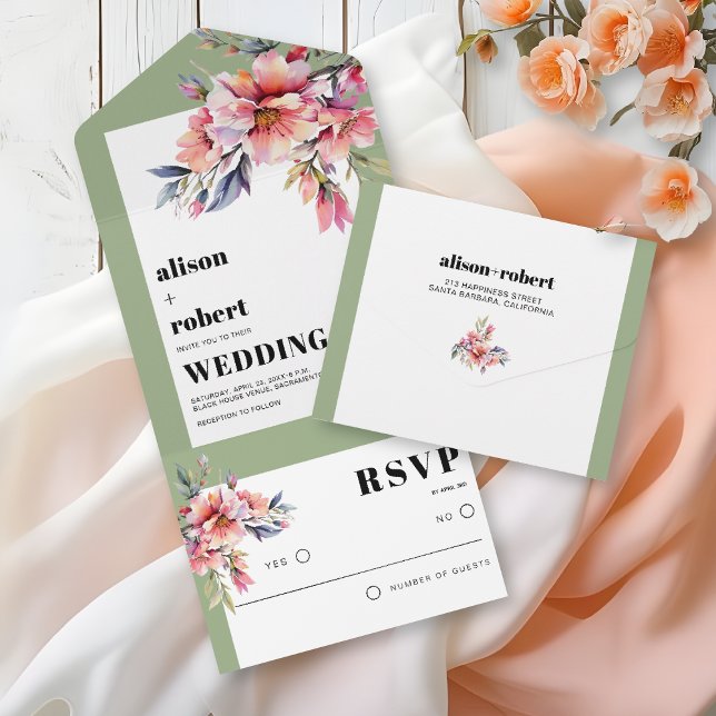 Rhododendron peach pink flowers sage green wedding all in one invitation (Creator Uploaded)