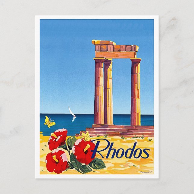 Rhodos, Greece, pillar, vintage, travel postcard (Front)