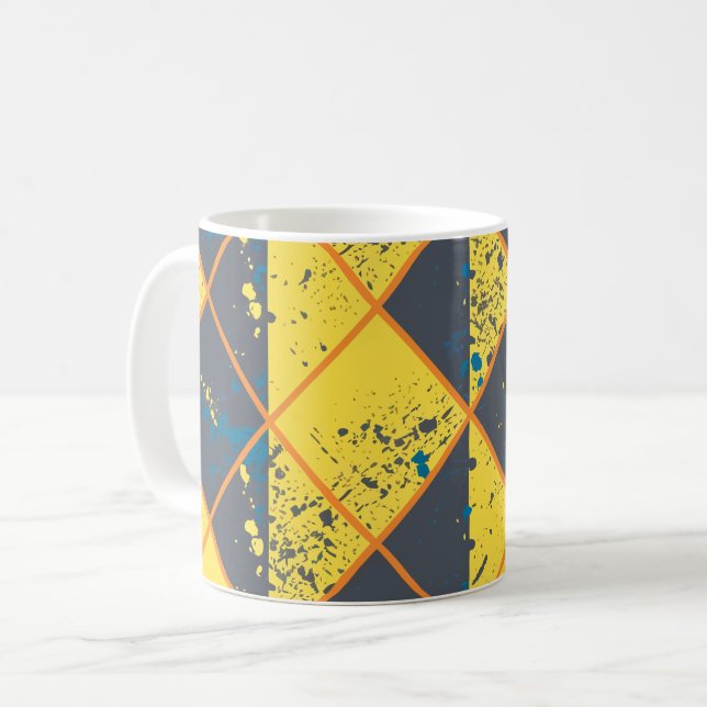 Rhombus Grid with Colourful Paint Splatter Coffee Mug (Front Left)