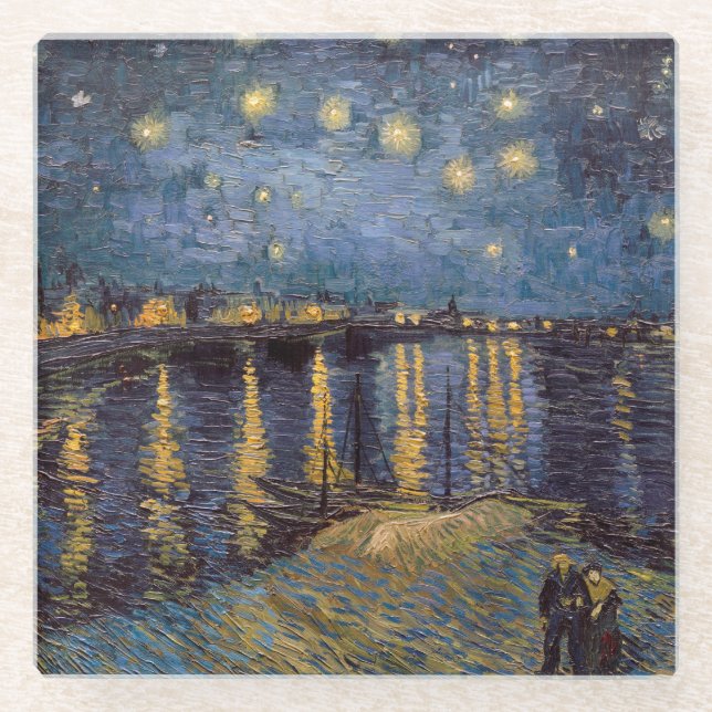 Rhone Riverfront Starry Night River View Glass Coaster (Front)