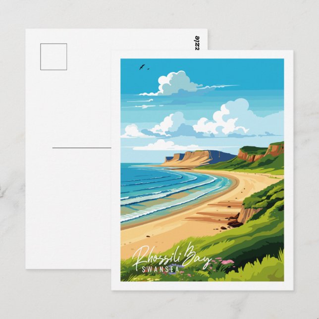 Rhossili Bay Swansea vintage travel illustration Postcard (Front/Back)