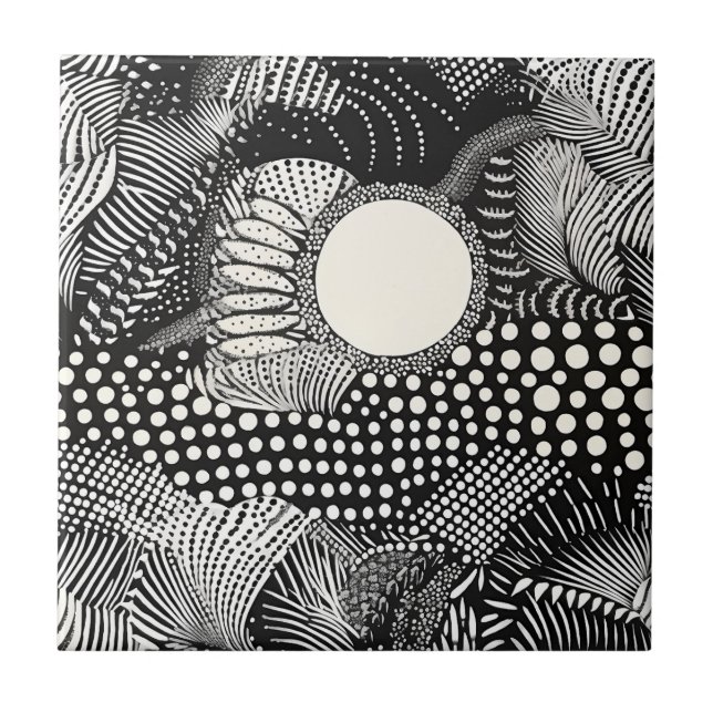 Rhythm in Black and White – Abstract Monochrome Ceramic Tile (Front)