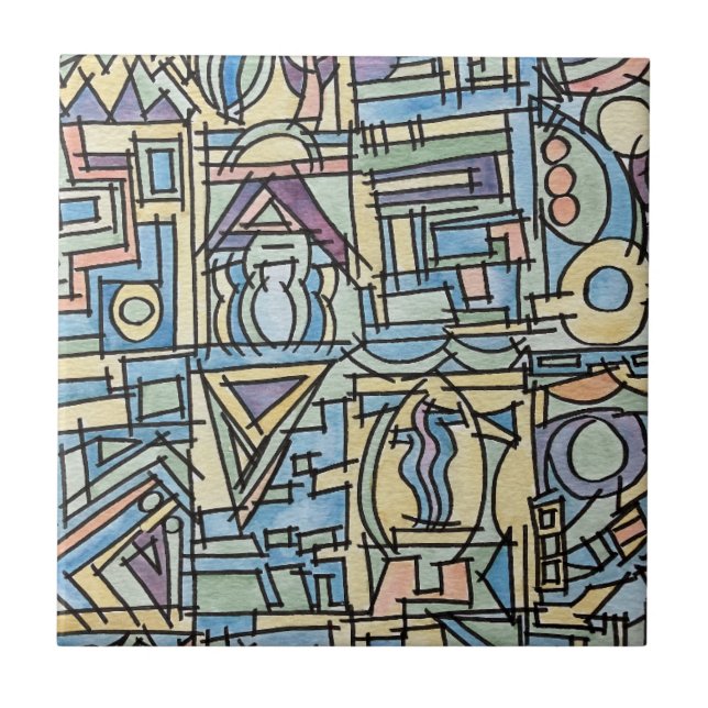 Rhythm In Blue-Hand Painted Modern Geometric Art Ceramic Tile (Front)