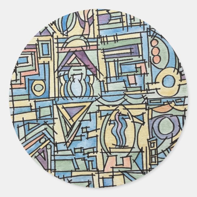 Rhythm In Blue-Hand Painted Modern Geometric Art Classic Round Sticker (Front)