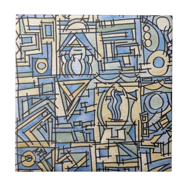 Rhythm In Blue-Modern Bauhaus Geometric Art Ceramic Tile (Front)