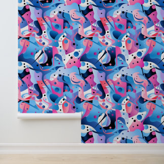 Rhythmic Abstraction In Pink, Blue & White Wallpaper