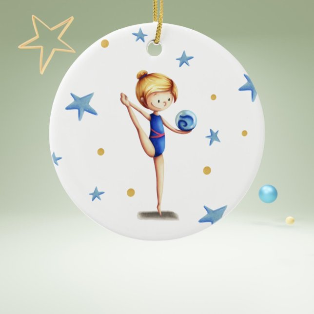 Rhytmic Gymnast with Blue Ball Girly Christmas Ceramic Ornament (Cute blond gird doing rhythmic gymnastics with blue leotards and blue ball. )