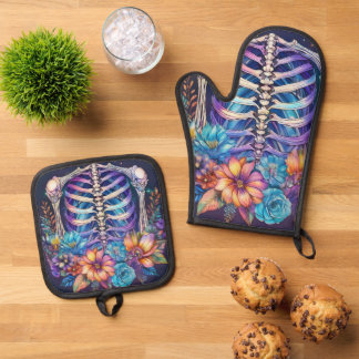 Rib cage and flowers design oven mitt & pot holder set