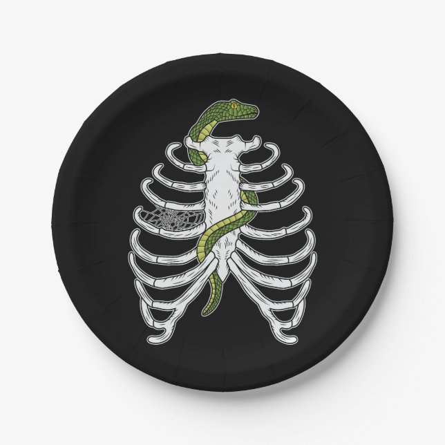 Rib Cage Skeleton Bones With Green Snake Halloween Paper Plate (Front)
