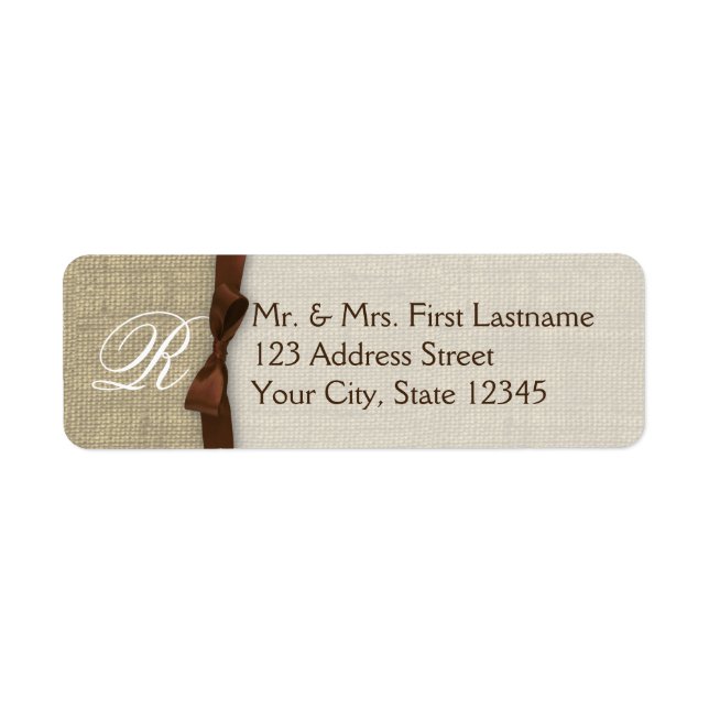 Ribbon and Burlap Brown Monogram Return Address Label (Front)
