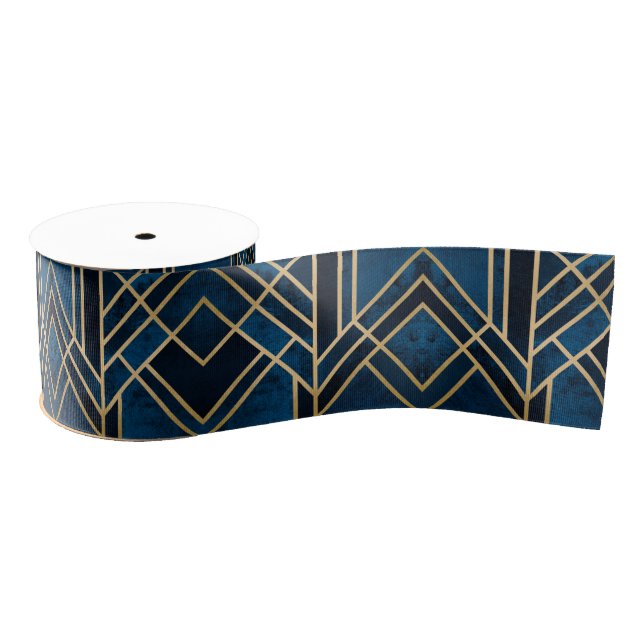 Ribbon - Art Deco Blue & Gold Mirrored Grosgrain Ribbon (Spool)