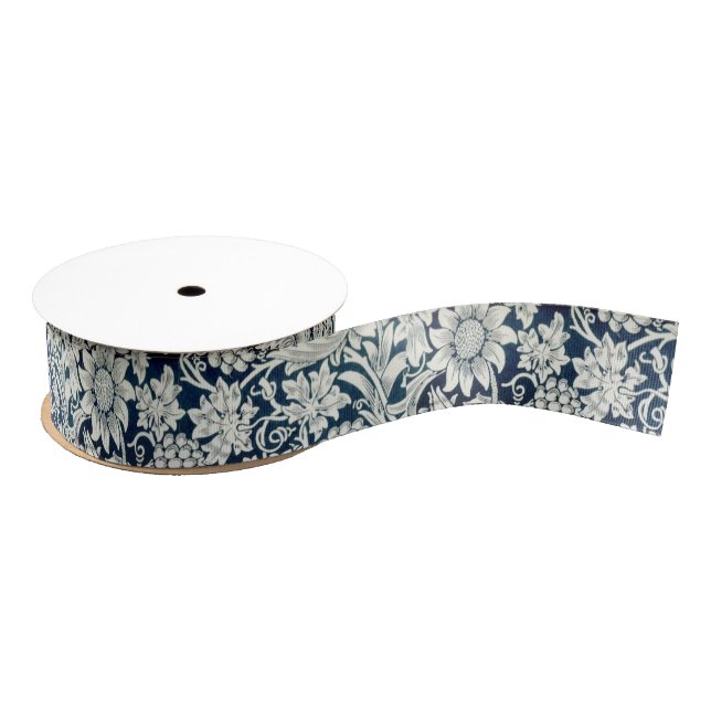 Ribbon - Blue and White Art Nouveau Pattern Grosgrain Ribbon (Spool)
