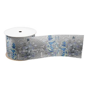 Ribbon,Blue Silver Snowman Seasons Greetings Satin Ribbon