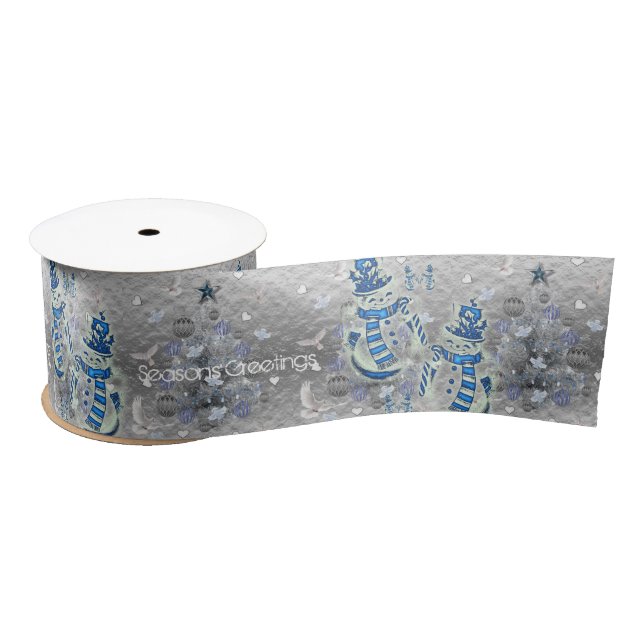 Ribbon,Blue Silver Snowman Seasons Greetings Satin Ribbon (Spool)