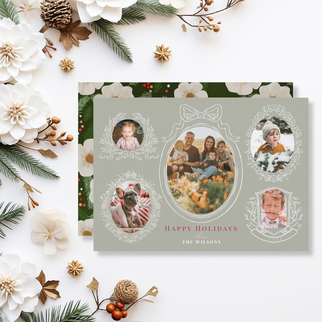 Ribbon & Botanical Frames 5 Photo Christmas Card (Creator Uploaded)