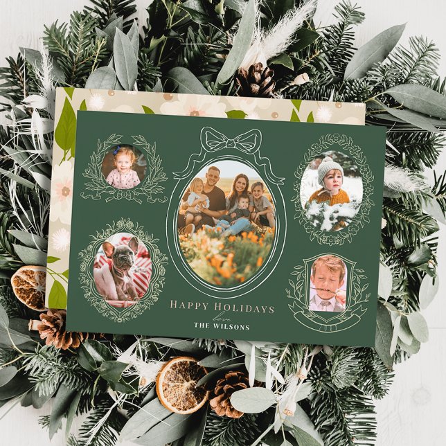 Ribbon & Botanical Frames 5 Photo Christmas Card (Creator Uploaded)