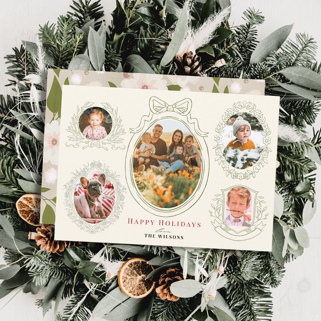 Ribbon & Botanical Frames 5 Photo Christmas Card (Creator Uploaded)