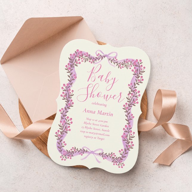 Ribbon Bow and Greenery Baby Shower Invitation (Creator Uploaded)