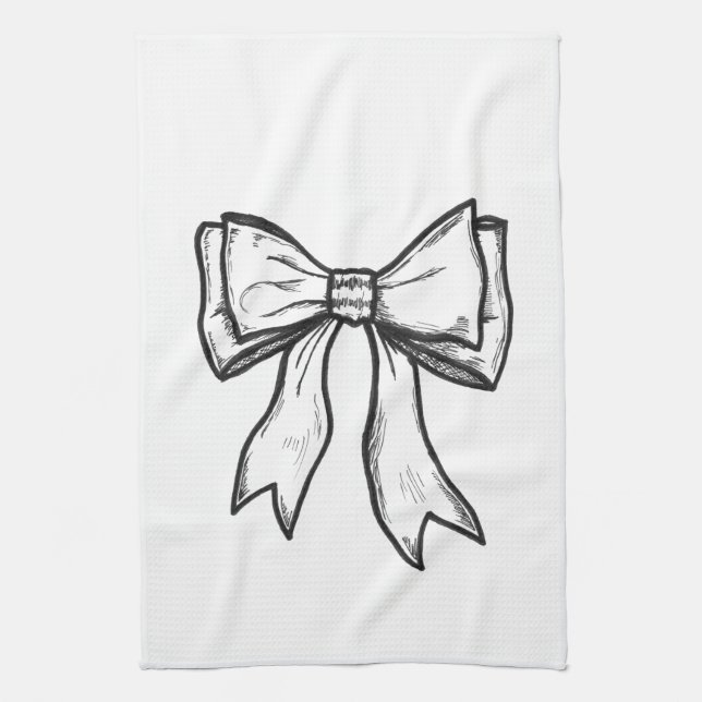 Ribbon bow black and white drawing tea towel (Vertical)
