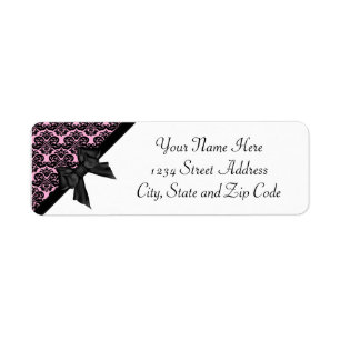 Ribbon Bow Black Light Pink Damask Return Address Label