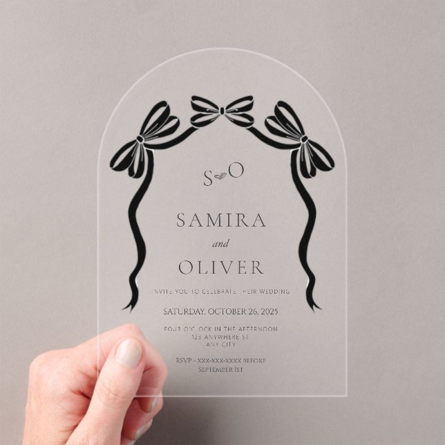 Ribbon bow black & white wedding arch acrylic invitations (Insitu (Handheld))