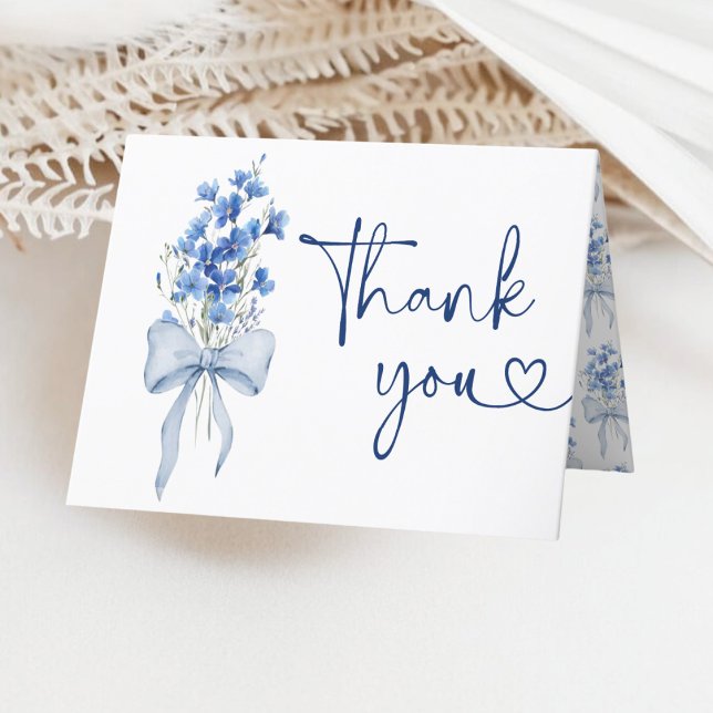 Ribbon Bow Blue Delphinium Something Blue Wedding Thank You Card (Creator Uploaded)