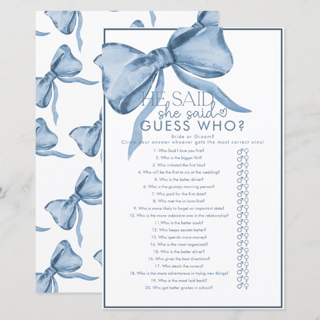 Ribbon Bow Bridal Shower Game (Front/Back)
