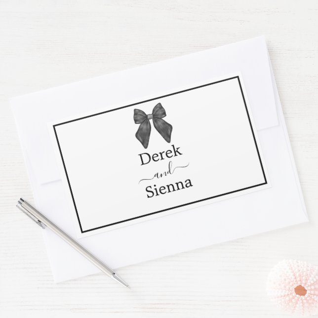 Ribbon Bow Classical Black & White Wedding Rectangular Sticker (Envelope)