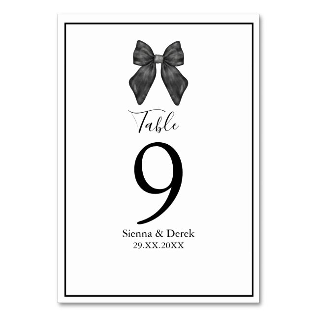 Ribbon Bow Classical Black & White Wedding Table Number (Front)