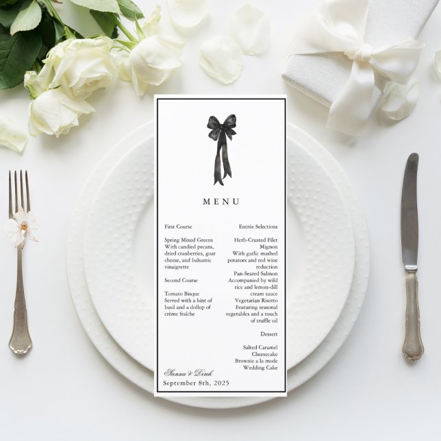 Ribbon Bow Elegance Black and White Wedding Menu (Creator Uploaded)