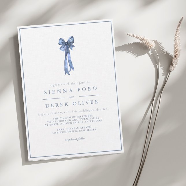 Ribbon Bow Elegance Dusty Blue Wedding Invitation (Creator Uploaded)