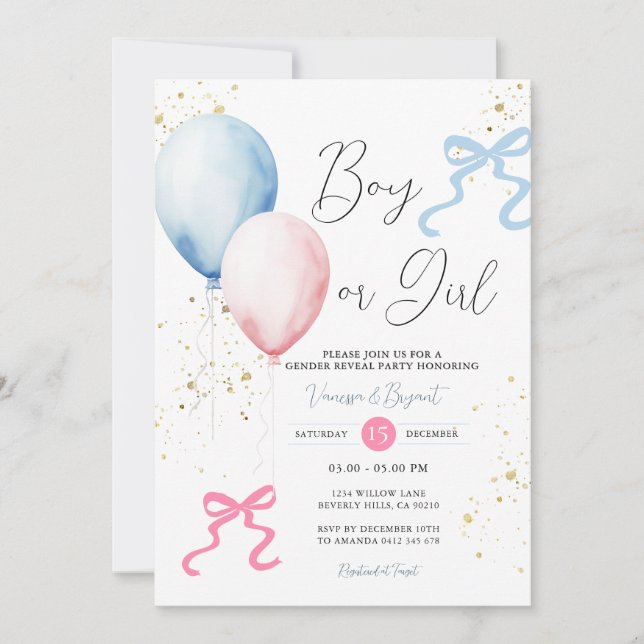 Ribbon Bow Pink & Blue Gender Reveal Balloon Invitation (Front)
