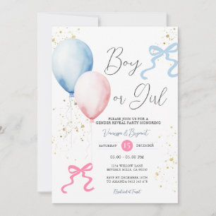 Ribbon Bow Pink & Blue Gender Reveal Balloon Invitation