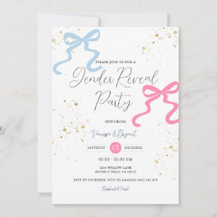 Ribbon Bow Pink & Blue Gender Reveal Gold Glitter Invitation