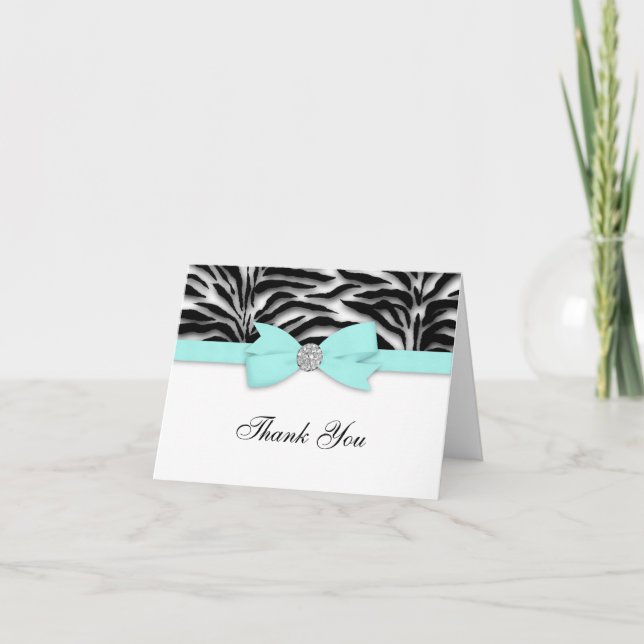 Ribbon Bow Teal Blue Zebra Thank You Cards (Front)