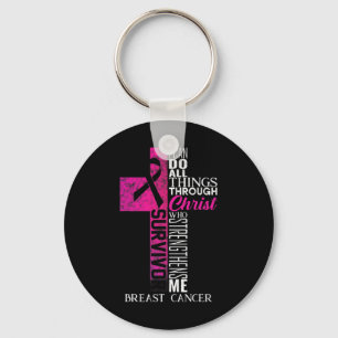 Ribbon Breast Cancer Survivor Christian Cross  Key Ring