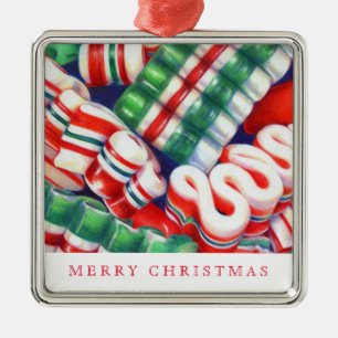 RIBBON CANDY Metal Square Ornament + Text