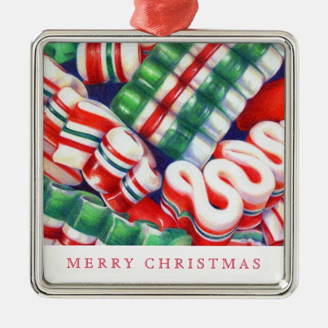 RIBBON CANDY Metal Square Ornament + Text (Front)
