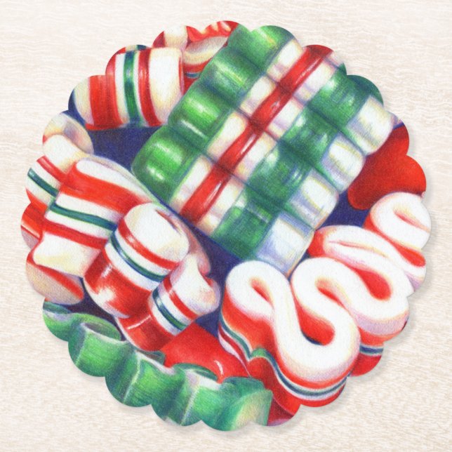 RIBBON CANDY Scalloped Round Paper Coasters (Front)
