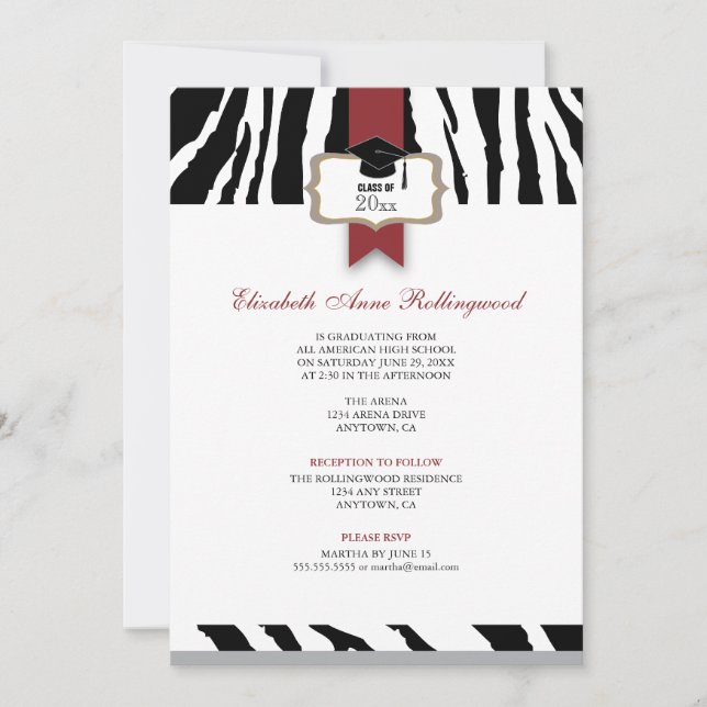 Ribbon Crest Zebra Pattern Graduation Invitation (Front)