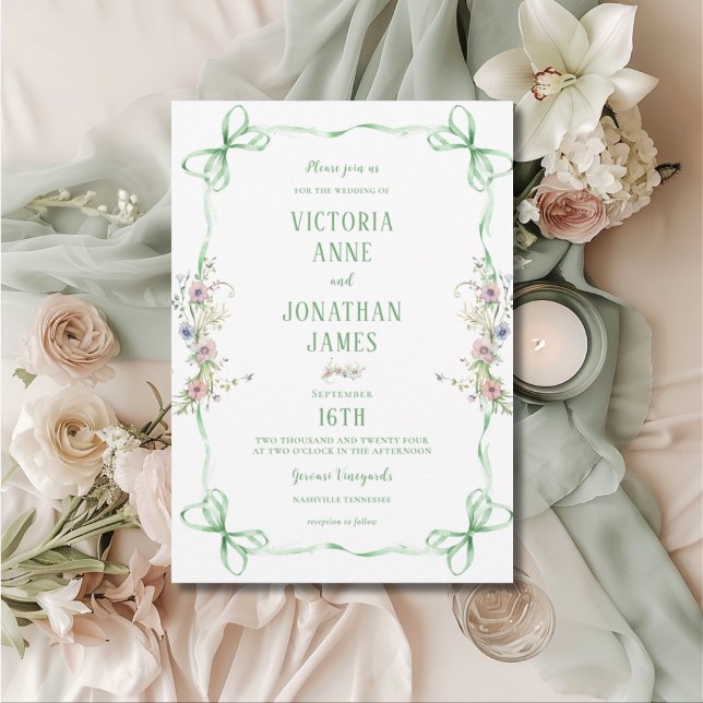 Ribbon Frame Floral Whimsical Wedding  Invitation (Creator Uploaded)