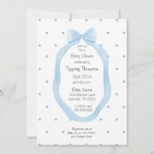 Ribbon Framed Blue and White Bow Polka Dots Invitation